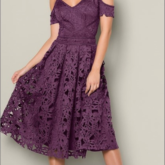 plum lace cold shoulder midi dress